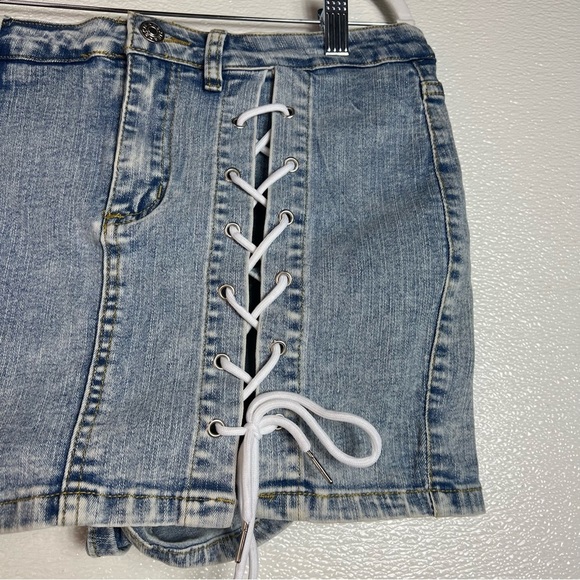 Casual Denim Short Skirt Lace-up Denim Skirt High Waist Hips-Wrapped Mini Skirt - Picture 5 of 14